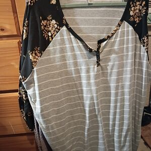Cato Gray Striped Raglan Top with Black Floral Sleeves